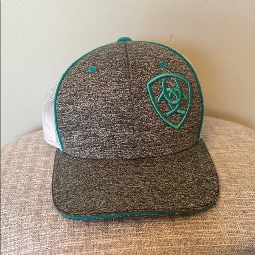 Ariat Snapback Hat Gray & White Mesh Adjustable Cap With Teal Logo